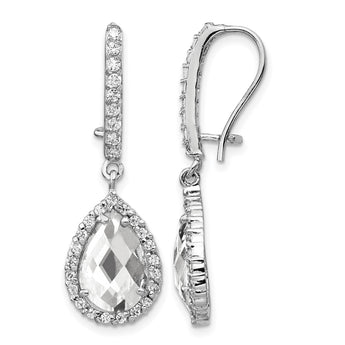 Cheryl M Sterling Silver Rhodium-plated Checkerboard-cut Pear Shaped and Brilliant-cut CZ Halo Kidney Wire Dangle Earrings - Birthstone Company