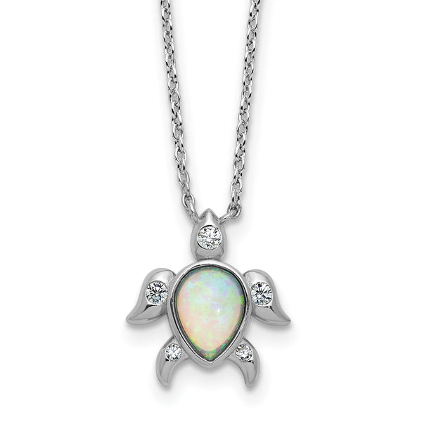 Cheryl M Sterling Silver Rhodium-plated Polished Lab Created Opal and CZ Turtle Necklace 18 in - Birthstone Company