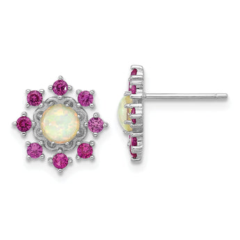 Cheryl M Sterling Silver Rhodium-plated Polished Created Opal and Pink Crystal Flower Post Earrings