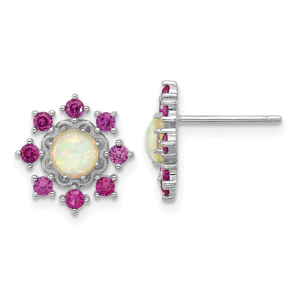 Cheryl M Sterling Silver Rhodium-plated Polished Created Opal and Pink Crystal Flower Post Earrings