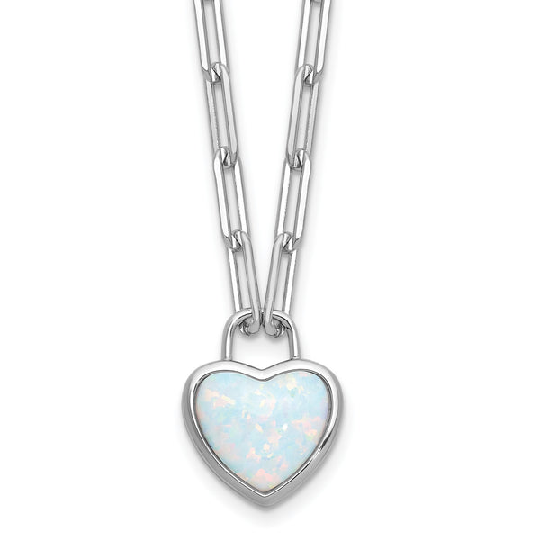 Cheryl M Sterling Silver Rhodium-plated Polished Created Opal Heart Paperclip Link Necklace 18 in - Birthstone Company
