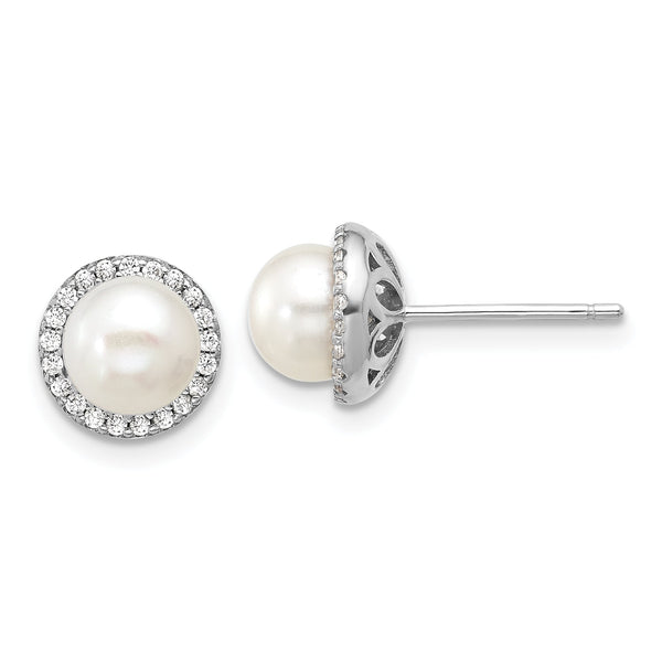 Cheryl M Sterling Silver Rhodium-plated Polished Freshwater Cultured Pearl and CZ Halo Post Earrings
