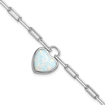 Cheryl M Sterling Silver Rhodium-plated Polished Created Opal Heart Paperclip Link with 1 Inch Extension Bracelet