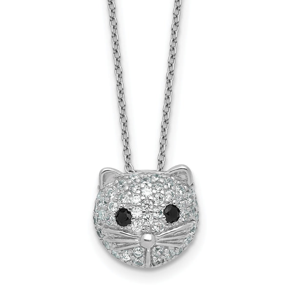 Cheryl M Sterling Silver Rhodium-plated Polished Black and White CZ Cat 16 Inch with 2 Inch Extension Necklace - Birthstone Company