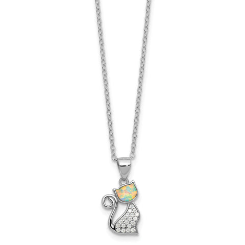 Cubic Zirconia & Lab-Created Opal Cat Necklace in Sterling Silver, 18 Inch