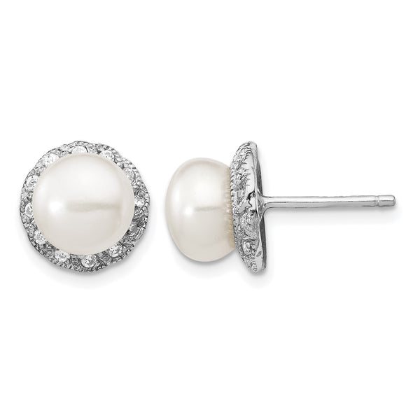 Cheryl M Sterling Silver Rhodium-plated White Freshwater Cultured Pearl and Brilliant-cut CZ Post Earrings - Birthstone Company