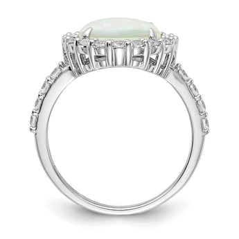 Cheryl M Sterling Silver Rhodium-plated Cabochon Lab Created Opal and Brilliant-cut CZ Halo Ring