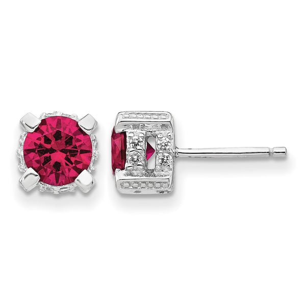 Cheryl M Sterling Silver Rhodium-plated Brilliant-cut 6.5mm Lab Created Ruby and Brilliant-cut White CZ Stud Post Earrings - Birthstone Company