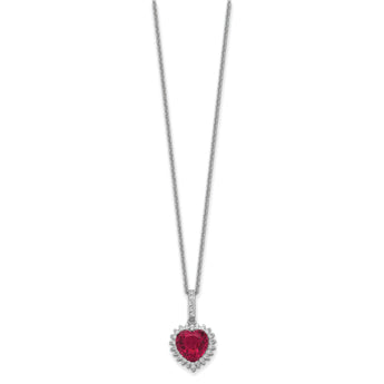 Cheryl M Sterling Silver Rhodium-plated 100 Facet Lab Created Ruby and Brilliant-cut White CZ Heart Halo 18 Inch Necklace