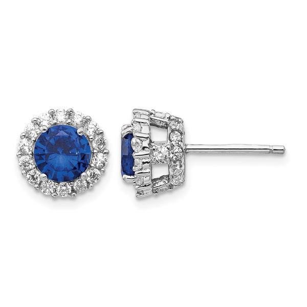Cheryl M Sterling Silver Rhodium-plated Brilliant-cut Lab Created Dark Blue Spinel and Brilliant-cut White CZ Round Halo Post Earrings - Birthstone Company