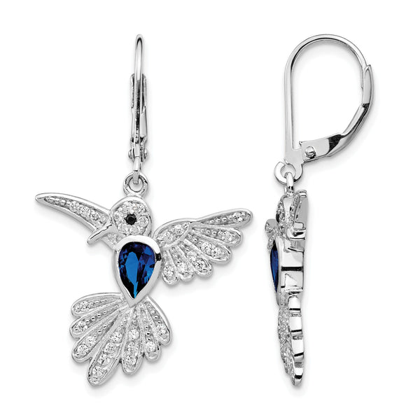 Cheryl M Sterling Silver Rhodium-plated Brilliant-cut Lab Created Dark Blue Spinel and Brilliant-cut White CZ Hummingbird Leverback Dangle Earrings - Birthstone Company