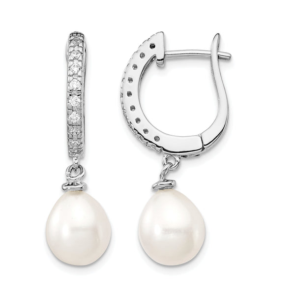 Cheryl M Sterling Silver Rhodium-plated Freshwater Cultured Pearl and Brilliant-cut CZ Dangle Earrings - Birthstone Company