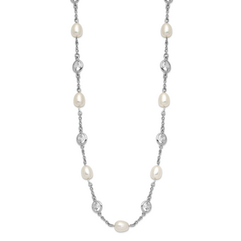 Cheryl Sterling Silver 36 Pearl CZ Necklace with Rhodium Polish