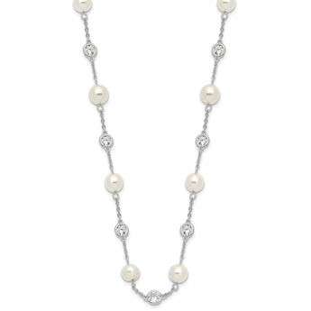 Cheryl M Sterling Silver Rhodium-plated Glass Pearl and Brilliant-cut CZ Bezel Station 36 Inch Necklace
