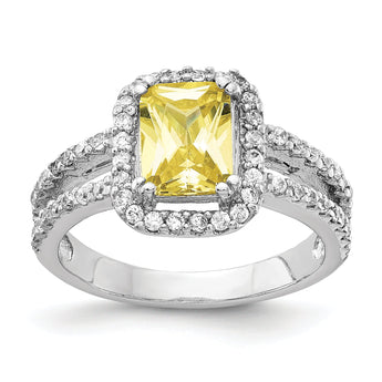 Cheryl M Sterling Silver Rhodium-plated Fancy Yellow Elongated Cushion-cut and White Brilliant-cut CZ Halo Ring