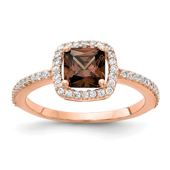 Cheryl M Sterling Silver Rose Gold-plated Cocoa Cushion-cut and White Brilliant-cut CZ Halo Ring