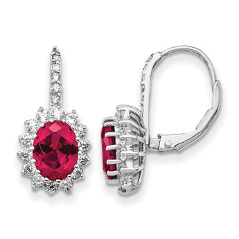 Cheryl M Sterling Silver Rhodium-plated Brilliant-cut Lab Created Ruby and Brilliant-cut White CZ Oval Halo Leverback Earrings - Birthstone Company