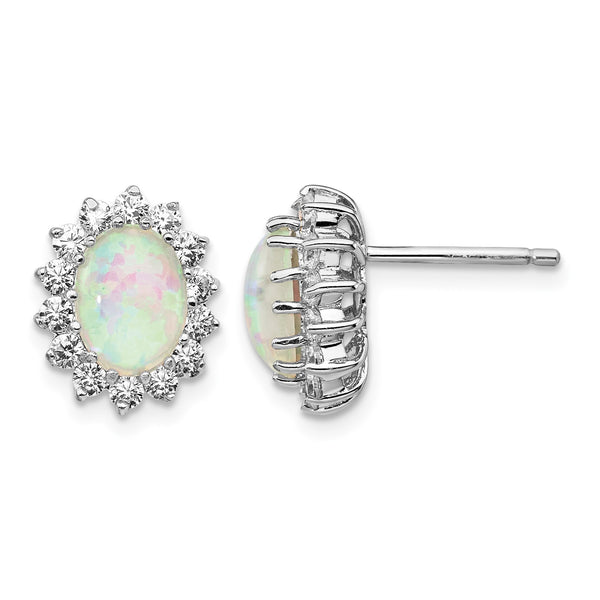 Cheryl M Sterling Silver Rhodium-plated Cabochon Lab Created Opal and Brilliant-cut CZ Oval Halo Post Earrings - Birthstone Company