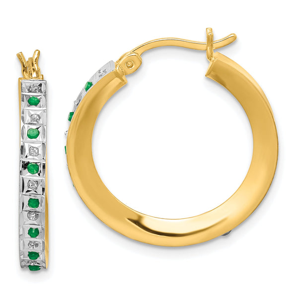 18K Gold-Plated Sterling Silver Diamond & Emerald Hoop Earrings Polished & Elegant