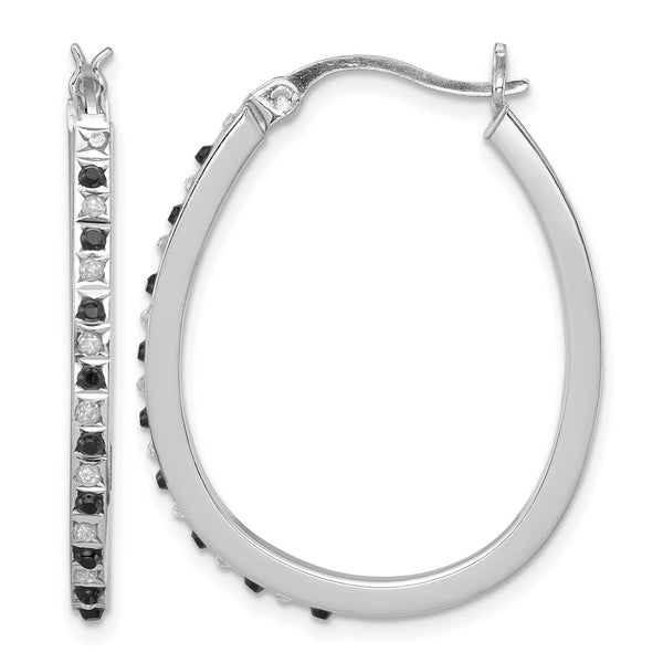 Sterling Silver Platinum-Plated Black & White Diamond Hoop Earrings Sophisticated Hinged Design - Birthstone Company