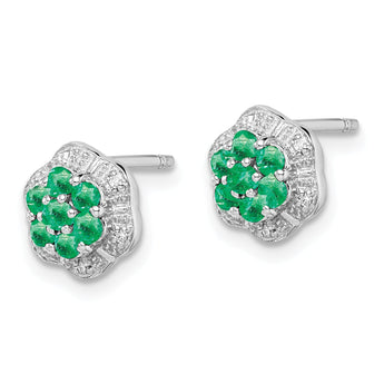 Sterling Silver Emerald & Diamond Earrings, Polished Cluster Design
