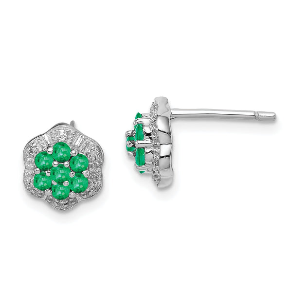 Sterling Silver Emerald & Diamond Earrings, Polished Cluster Design