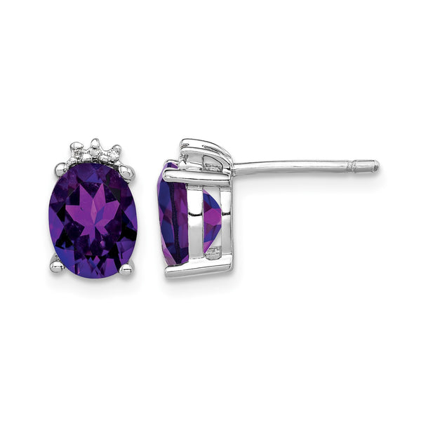 Sterling Silver Rhodium Plated Oval Amethyst and Diamond Post Earrings - Birthstone Company