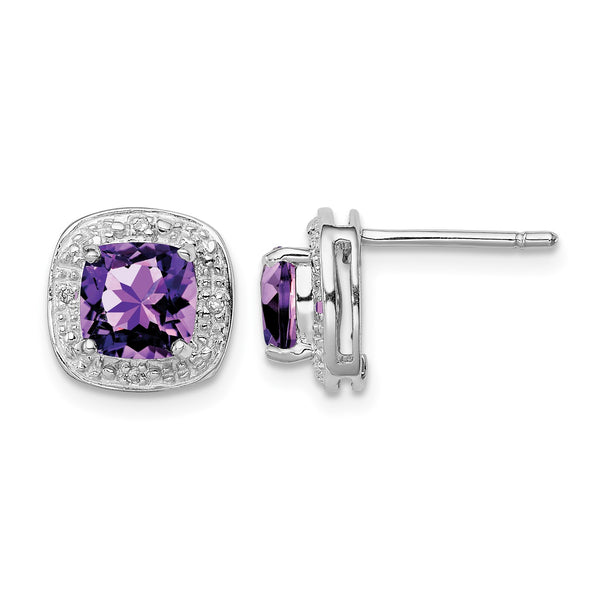 Sterling Silver Rhodium Plated Amethyst and Diamond Post Earrings - Birthstone Company