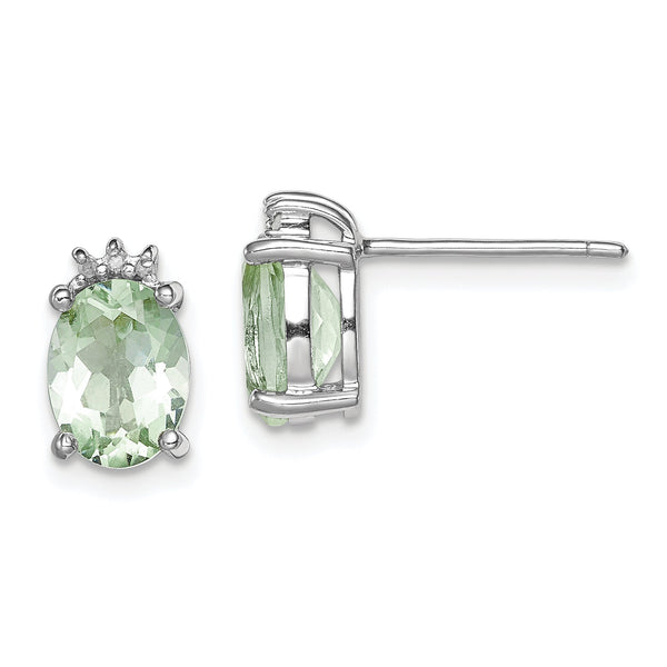 Sterling Silver Rhodium-Plated Green Quartz and Diamond Button Earrings