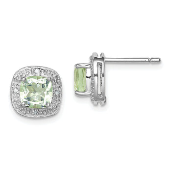 Sterling Silver 925 Green Quartz and Diamond Earrings with Rhodium Finish