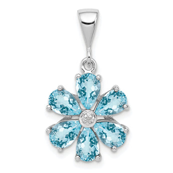 Sterling Silver Rhodium Light Swiss Blue Topaz & Diamond Flower Pendant - Birthstone Company
