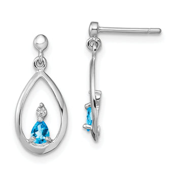 Sterling Silver Swiss Blue Topaz and Diamond Drop Earrings Rhodium-Plated, Polished Finish.