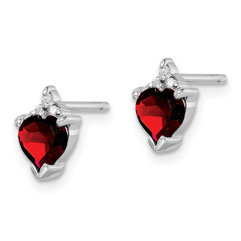 Sterling Silver Rhodium Plated Heart Garnet and Diamond Post Earrings - Birthstone Company