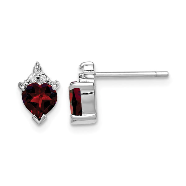Sterling Silver Rhodium Plated Heart Garnet and Diamond Post Earrings - Birthstone Company