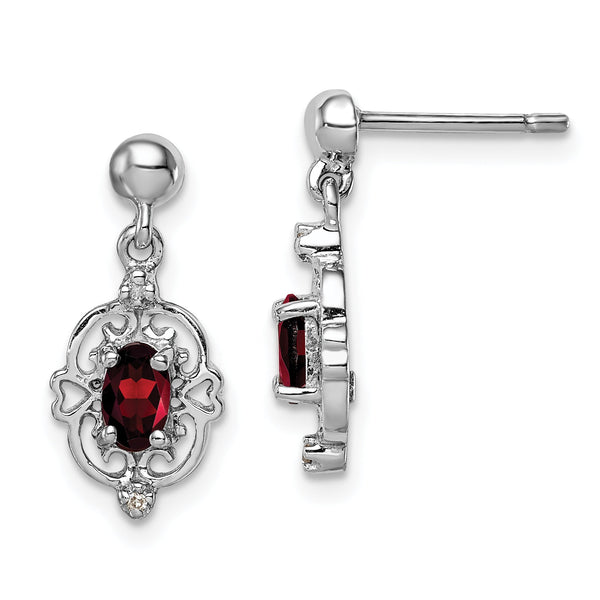 Sterling Silver Rhodium-Plated Garnet & Diamond Post Earrings Elegant Drop Design