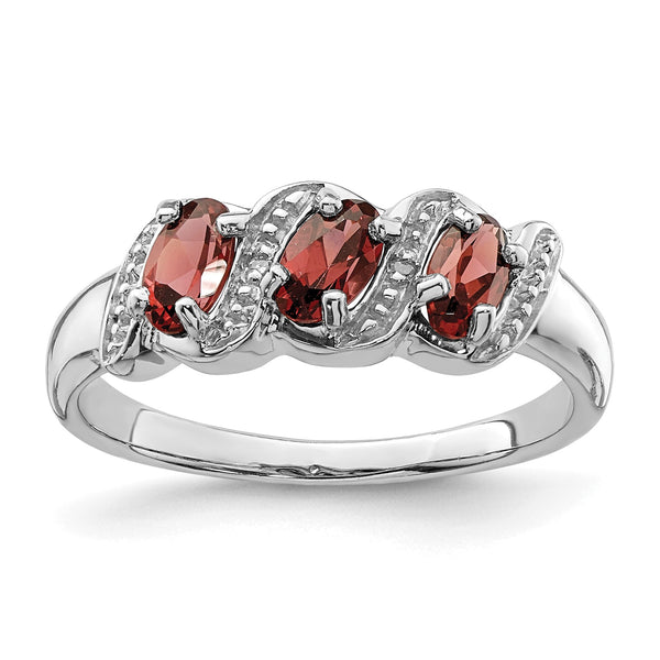 Sterling Silver Rhodium-plated 3 Stone Garnet & Diamond Ring - Birthstone Company
