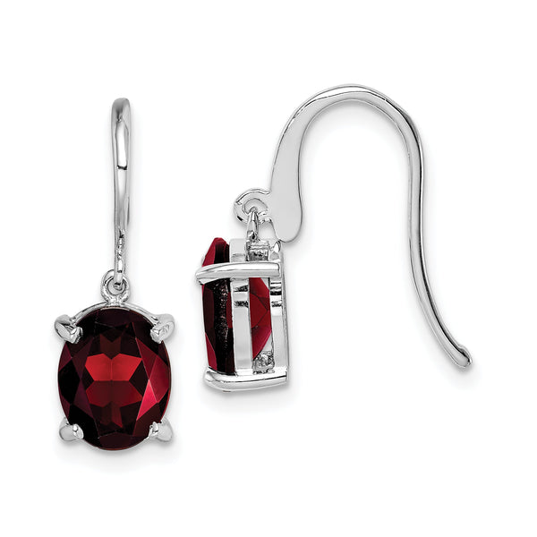 Sterling Silver Rhodium Plated Garnet Drop Earrings Natural Oval Stones, Polished Finish