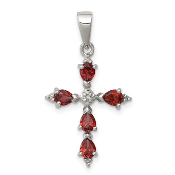 Sterling Silver Rhodium Pear Garnet Cross Pendant - Birthstone Company