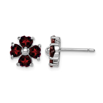925 Sterling Silver Garnet Flower Earrings, Rhodium Plated, Heart-Cut Stones - Birthstone Company