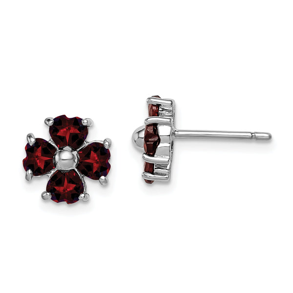 925 Sterling Silver Garnet Flower Earrings, Rhodium Plated, Heart-Cut Stones