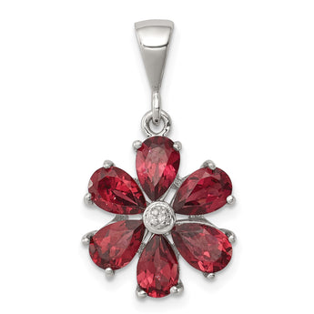 Sterling Silver Rhodium Garnet & Diamond Flower Pendant - Birthstone Company