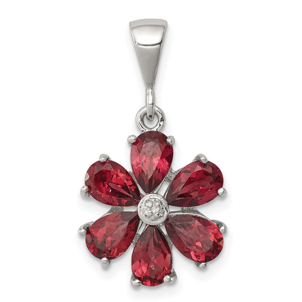 Sterling Silver Rhodium Garnet & Diamond Flower Pendant - Birthstone Company