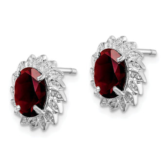 Sterling Silver Garnet and Diamond Button Earrings Rhodium Plated, Polished Finish