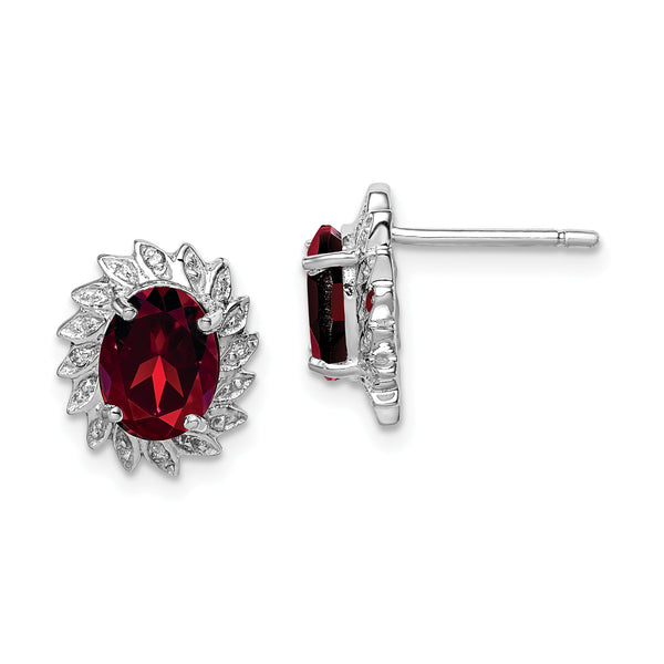 Sterling Silver Garnet and Diamond Button Earrings Rhodium Plated, Polished Finish