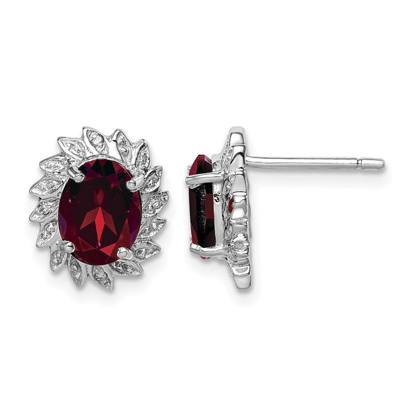 Sterling Silver Garnet and Diamond Button Earrings Rhodium Plated, Polished Finish - Birthstone Company