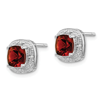 Sterling Silver Garnet and Diamond Cushion Earrings with Rhodium Plating - Birthstone Company