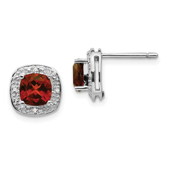 Sterling Silver Garnet and Diamond Cushion Earrings with Rhodium Plating