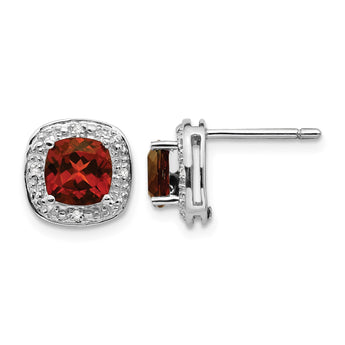 Sterling Silver Garnet and Diamond Cushion Earrings with Rhodium Plating - Birthstone Company