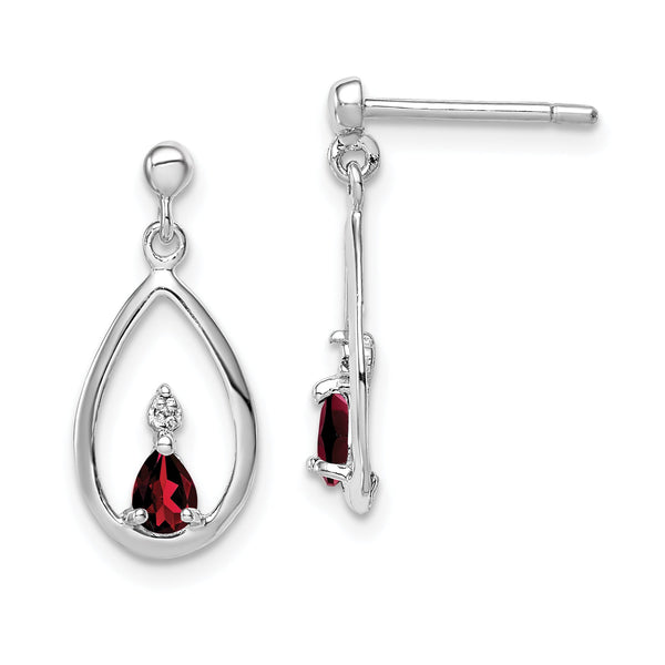 Sterling Silver Garnet and Diamond Drop Earrings Rhodium Plated