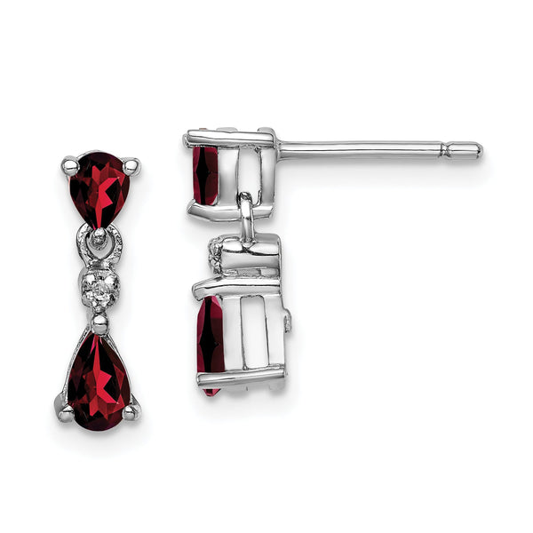Sterling Silver Rhodium Drop Earrings with Natural Pear Garnet and Diamond